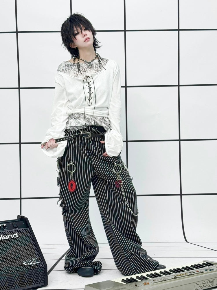 Striped Washed Trousers Broken Raw-Edge Metal Ring Chain Pendant Jeans【s0000011891】