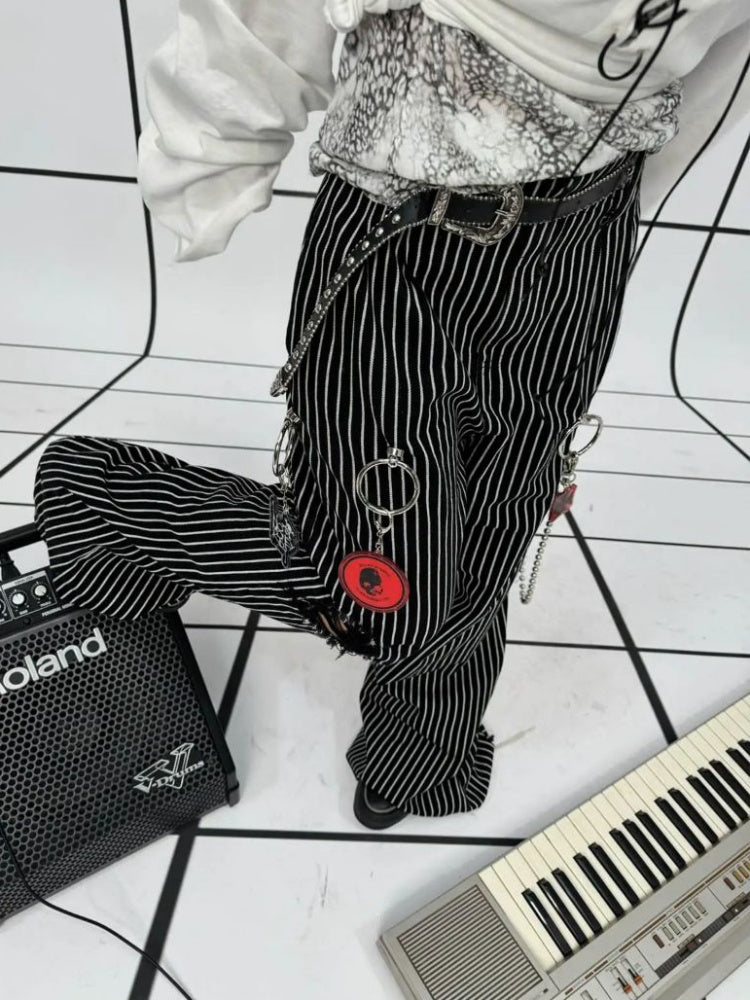 Striped Washed Trousers Broken Raw-Edge Metal Ring Chain Pendant Jeans【s0000011891】