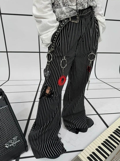 Striped Washed Trousers Broken Raw-Edge Metal Ring Chain Pendant Jeans【s0000011891】