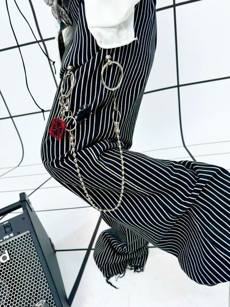 Striped Washed Trousers Broken Raw-Edge Metal Ring Chain Pendant Jeans【s0000011891】
