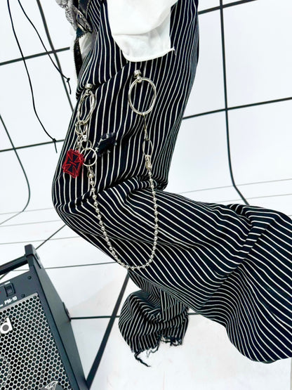Striped Washed Trousers Broken Raw-Edge Metal Ring Chain Pendant Jeans【s0000011891】