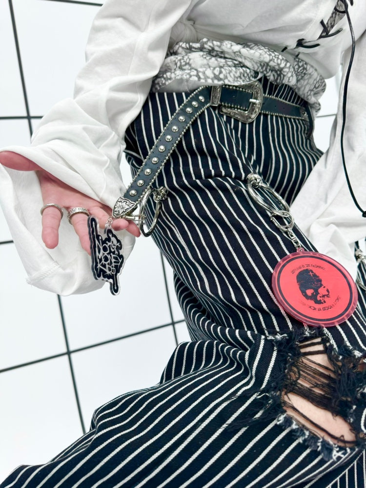 Striped Washed Trousers Broken Raw-Edge Metal Ring Chain Pendant Jeans【s0000011891】