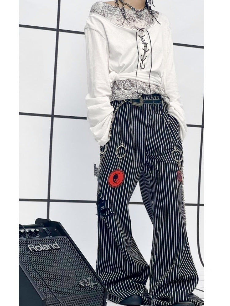 Striped Washed Trousers Broken Raw-Edge Metal Ring Chain Pendant Jeans【s0000011891】