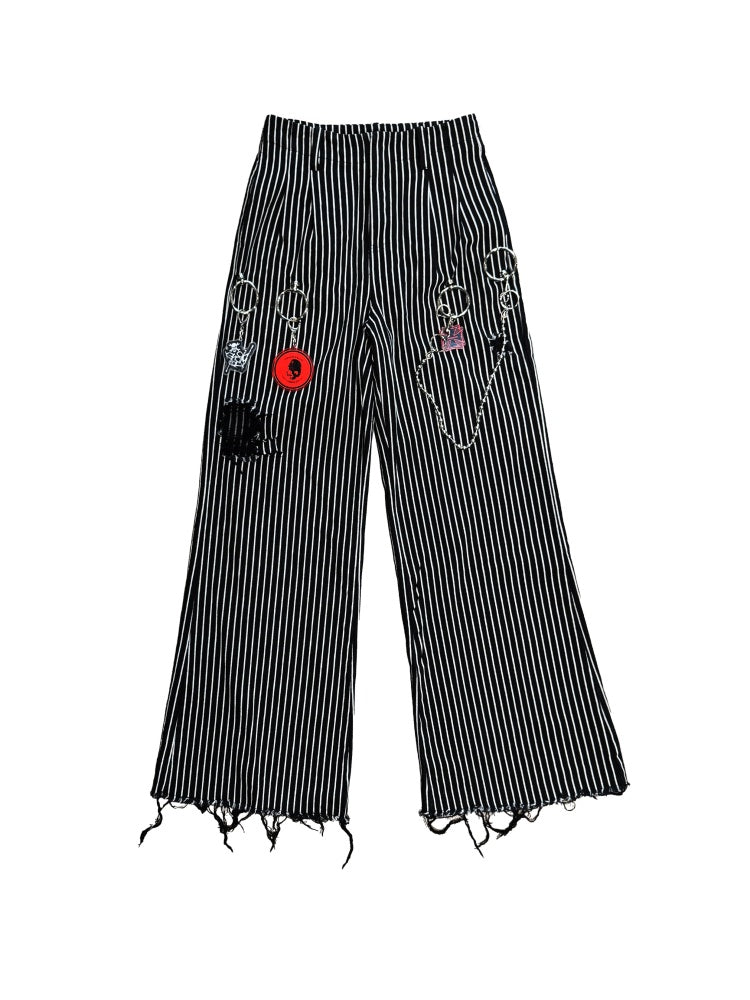 Striped Washed Trousers Broken Raw-Edge Metal Ring Chain Pendant Jeans【s0000011891】