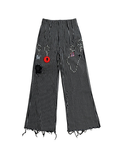 Striped Washed Trousers Broken Raw-Edge Metal Ring Chain Pendant Jeans【s0000011891】