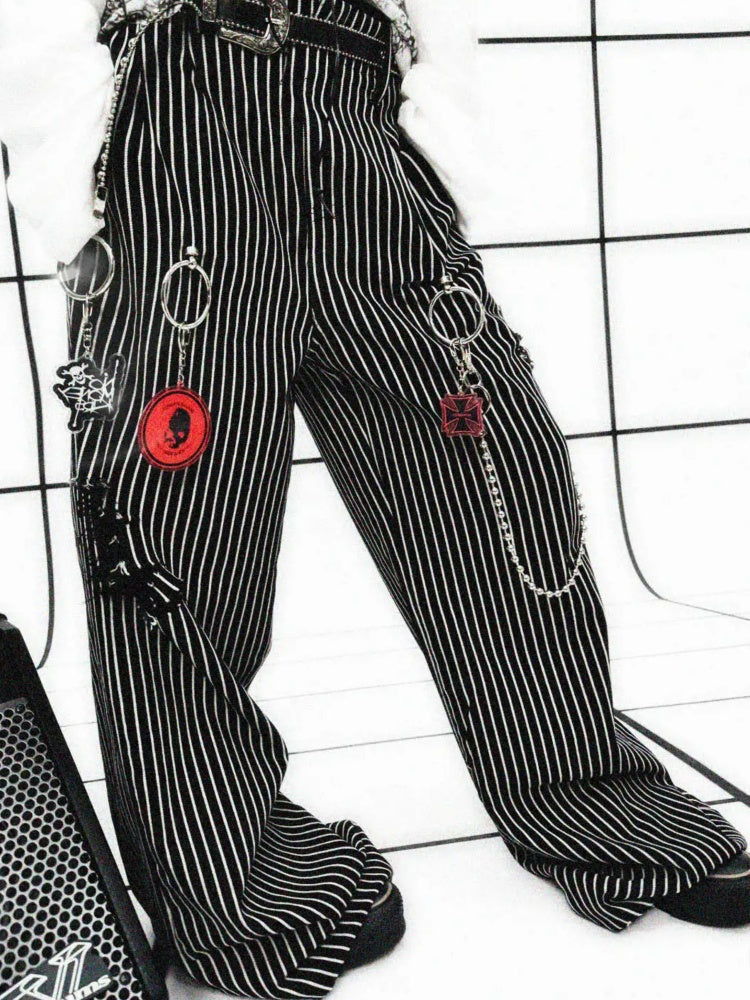 Striped Washed Trousers Broken Raw-Edge Metal Ring Chain Pendant Jeans【s0000011891】