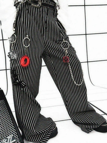 Striped Washed Trousers Broken Raw-Edge Metal Ring Chain Pendant Jeans【s0000011891】