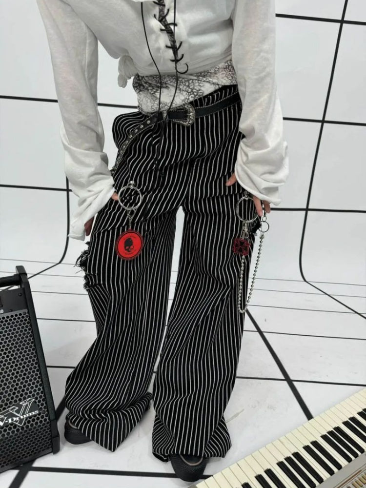 Striped Washed Trousers Broken Raw-Edge Metal Ring Chain Pendant Jeans【s0000011891】