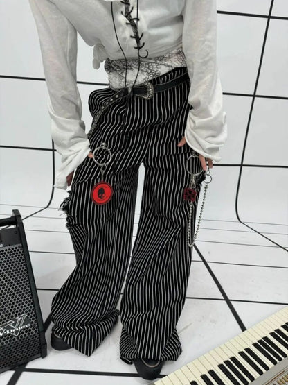 Striped Washed Trousers Broken Raw-Edge Metal Ring Chain Pendant Jeans【s0000011891】