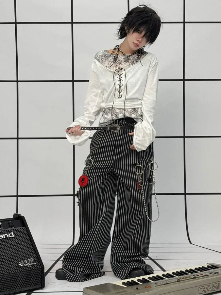 Striped Washed Trousers Broken Raw-Edge Metal Ring Chain Pendant Jeans【s0000011891】