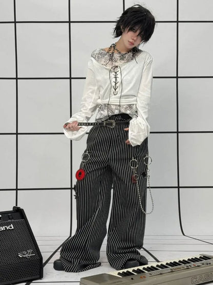 Striped Washed Trousers Broken Raw-Edge Metal Ring Chain Pendant Jeans【s0000011891】