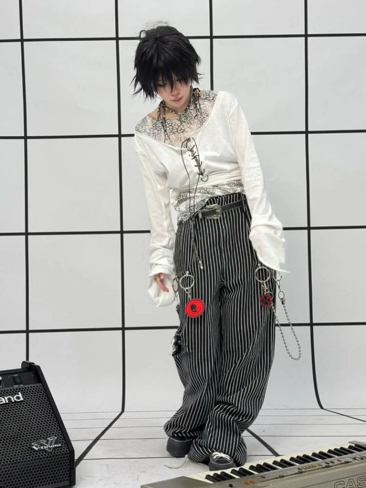 Striped Washed Trousers Broken Raw-Edge Metal Ring Chain Pendant Jeans【s0000011891】