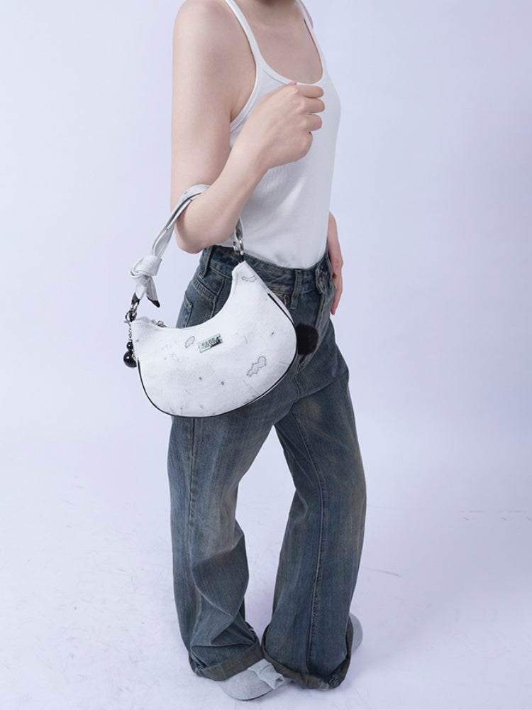 2way Pom-Pom Half-Moon Mini Shoulder Crossbody Bag【s0000012115】