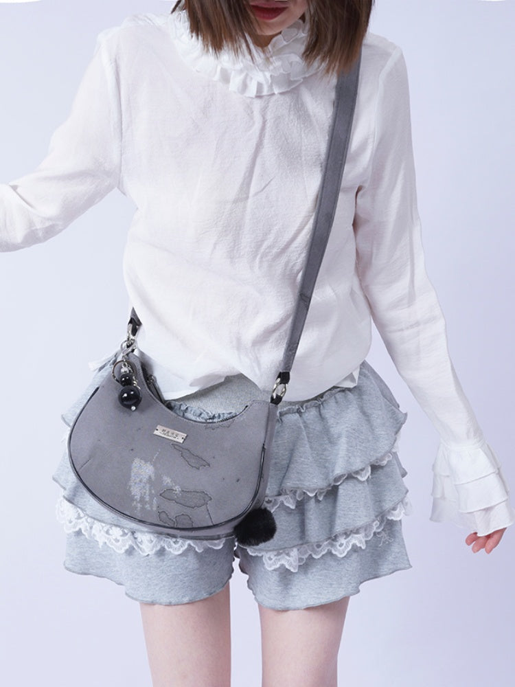 2way Pom-Pom Half-Moon Mini Shoulder Crossbody Bag【s0000012115】