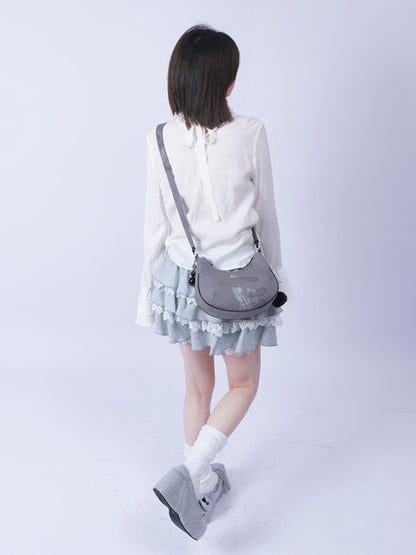 2way Pom-Pom Half-Moon Mini Shoulder Crossbody Bag【s0000012115】