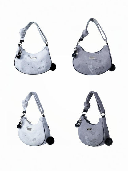 2way Pom-Pom Half-Moon Mini Shoulder Crossbody Bag【s0000012115】