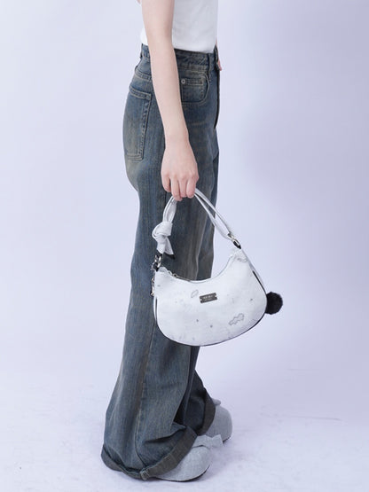 2way Pom-Pom Half-Moon Mini Shoulder Crossbody Bag【s0000012115】