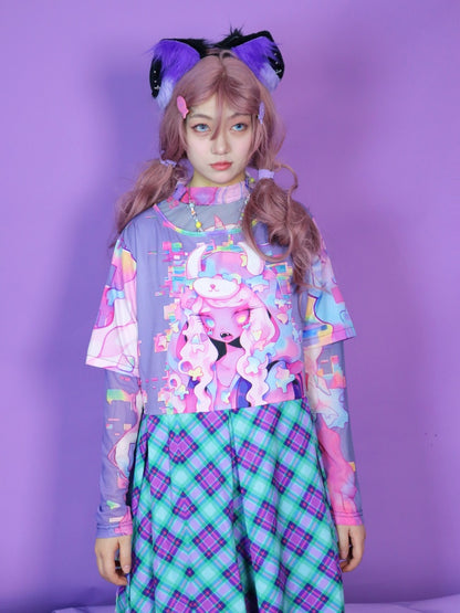 Anime Girl Graphic Print & Tartan Check Docking Dress【s0000012122】