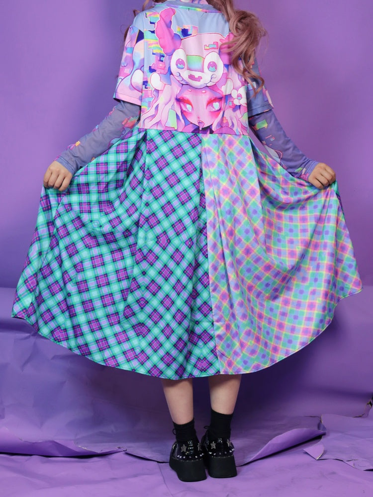 Anime Girl Graphic Print & Tartan Check Docking Dress【s0000012122】