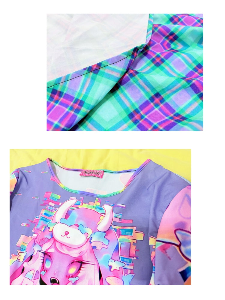 Anime Girl Graphic Print & Tartan Check Docking Dress【s0000012122】