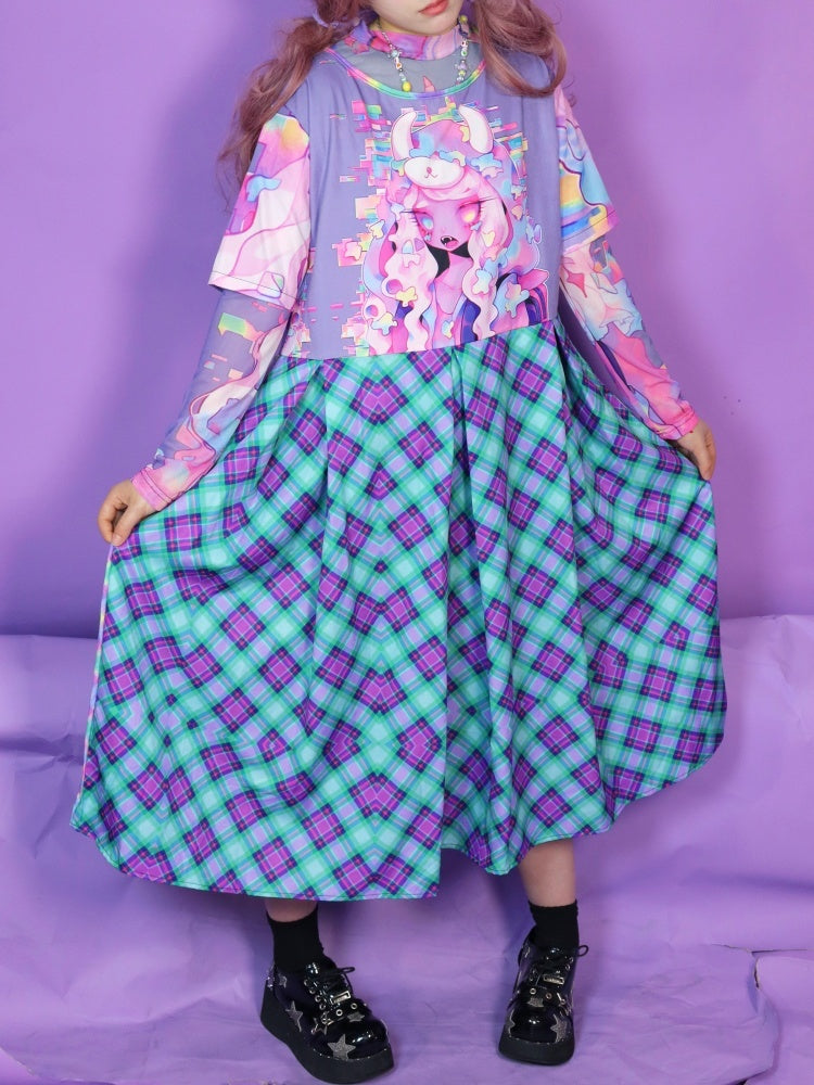 Anime Girl Graphic Print & Tartan Check Docking Dress【s0000012122】