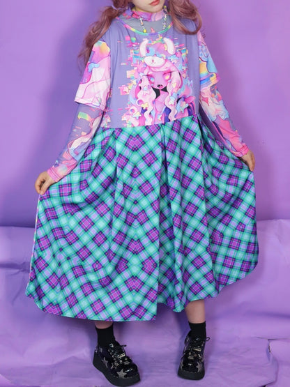 Anime Girl Graphic Print & Tartan Check Docking Dress【s0000012122】