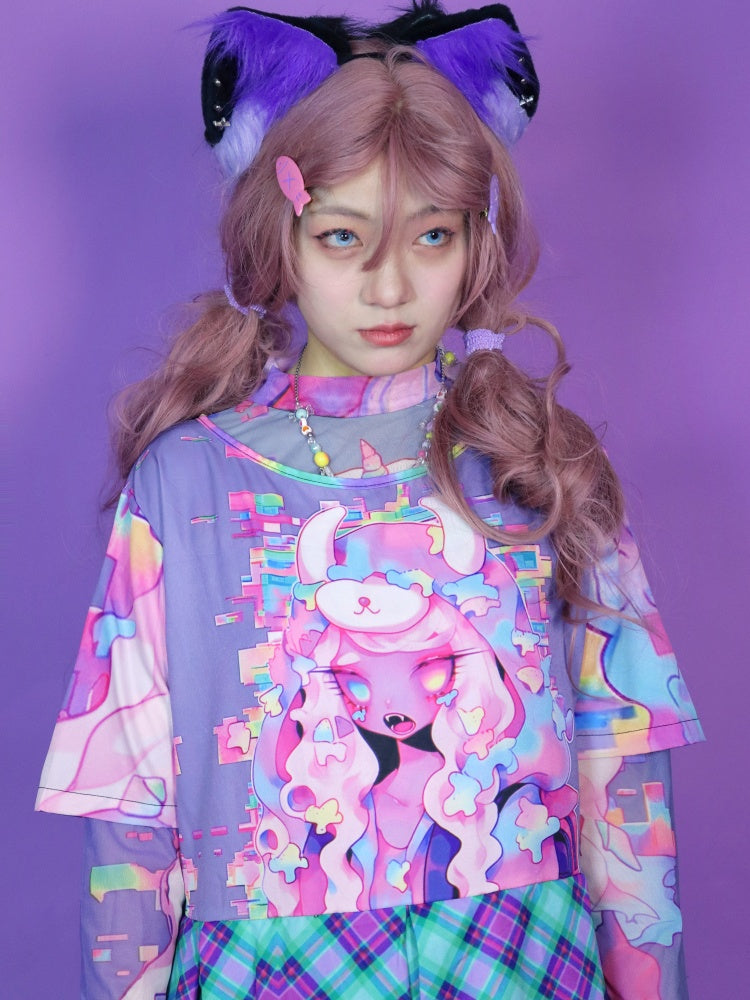 Anime Girl Graphic Print & Tartan Check Docking Dress【s0000012122】