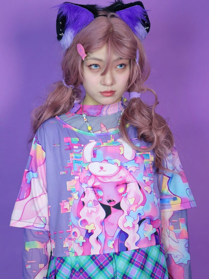 Anime Girl Graphic Print & Tartan Check Docking Dress【s0000012122】