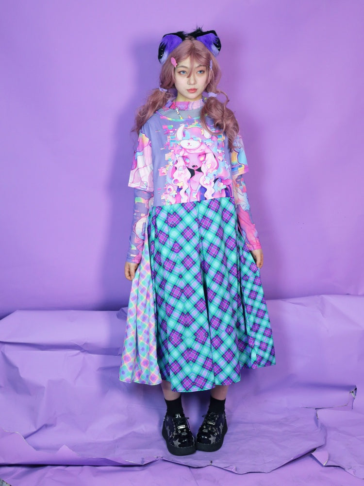 Anime Girl Graphic Print & Tartan Check Docking Dress【s0000012122】