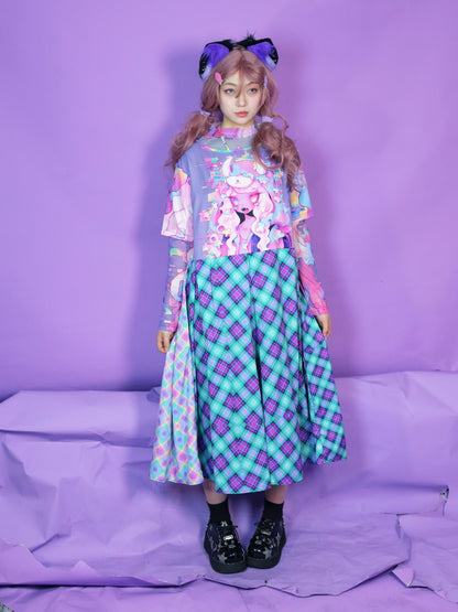 Anime Girl Graphic Print & Tartan Check Docking Dress【s0000012122】