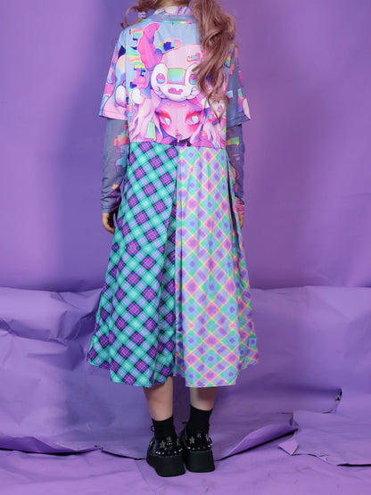 Anime Girl Graphic Print & Tartan Check Docking Dress【s0000012122】