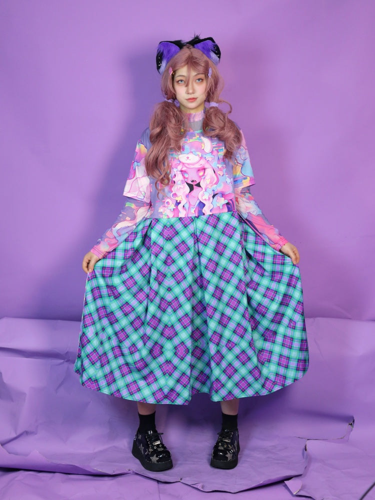 Anime Girl Graphic Print & Tartan Check Docking Dress【s0000012122】