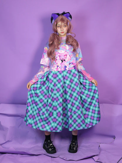 Anime Girl Graphic Print & Tartan Check Docking Dress【s0000012122】