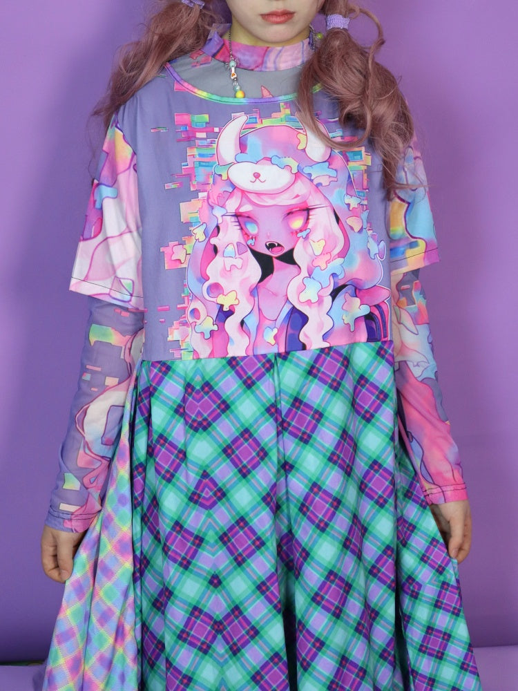 Anime Girl Graphic Print & Tartan Check Docking Dress【s0000012122】
