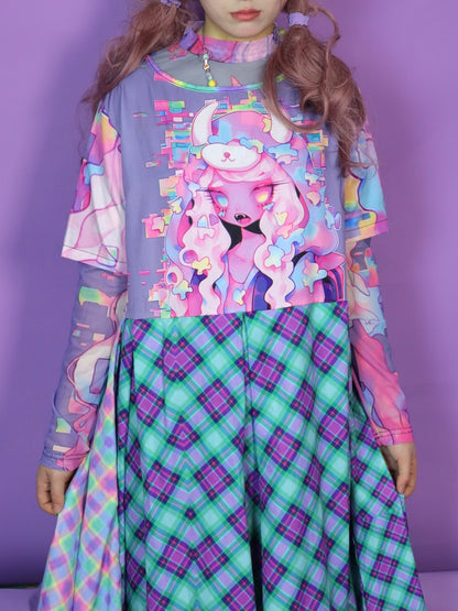 Anime Girl Graphic Print & Tartan Check Docking Dress【s0000012122】