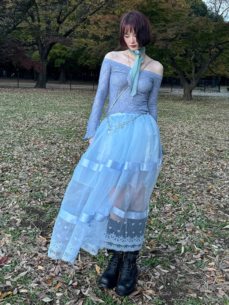 Sheer Lace Paneled Mesh Maxi Skirt【s0000012128】