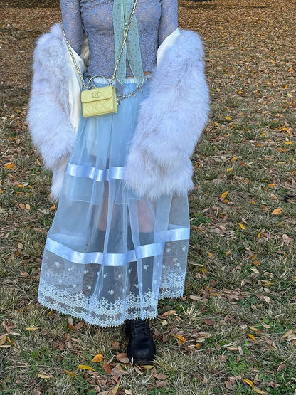 Sheer Lace Paneled Mesh Maxi Skirt【s0000012128】