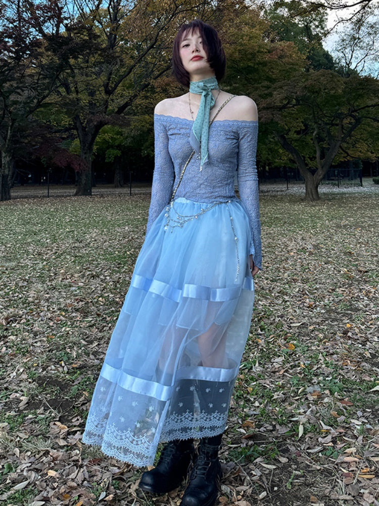 Sheer Lace Paneled Mesh Maxi Skirt【s0000012128】