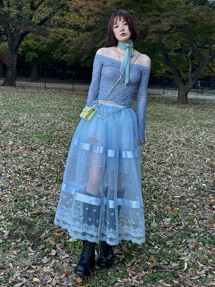 Sheer Lace Paneled Mesh Maxi Skirt【s0000012128】