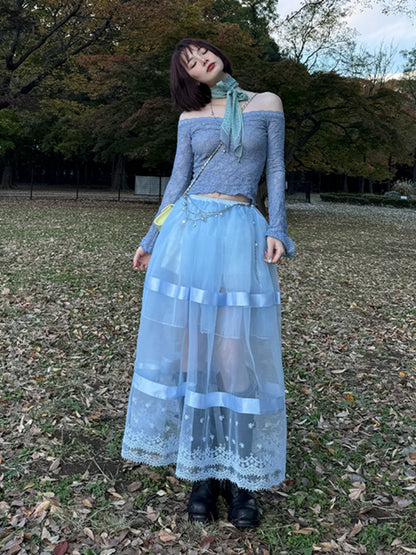 Sheer Lace Paneled Mesh Maxi Skirt【s0000012128】