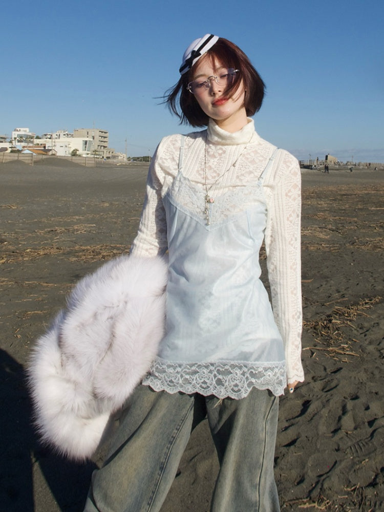 Openwork Turtleneck Tops & Lace Camisole Set【s0000012129】