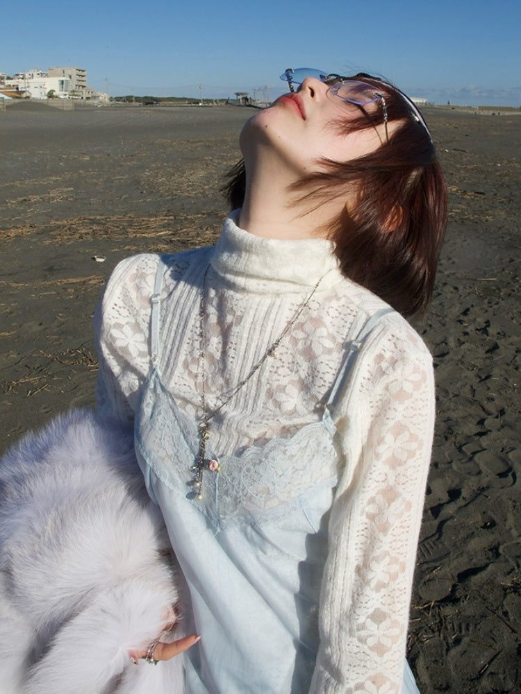 Openwork Turtleneck Tops & Lace Camisole Set【s0000012129】