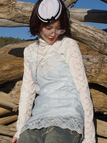 Openwork Turtleneck Tops & Lace Camisole Set【s0000012129】