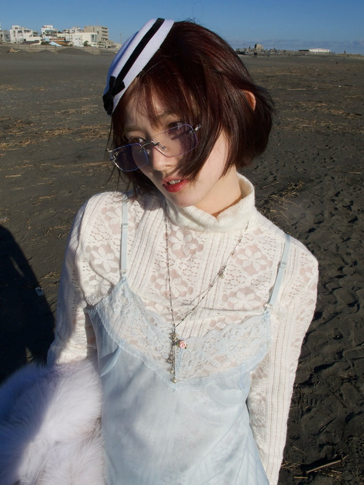 Openwork Turtleneck Tops & Lace Camisole Set【s0000012129】