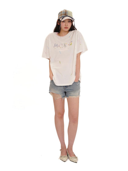 Playful Panels Colourful Splashed Ink Crew Neck Short Sleeved T-Shirt【s0000012714】