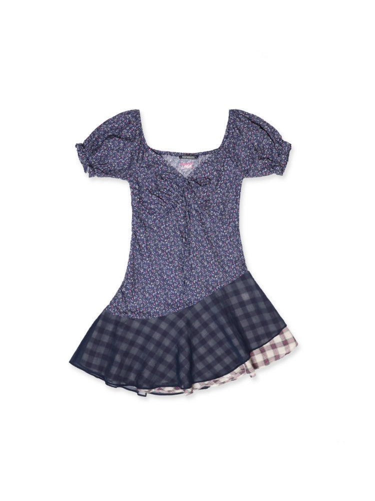 Floral Splicing Mesh Bow Hem Check Pattern Puff Sleeve Tops/Dress【s0000012715】