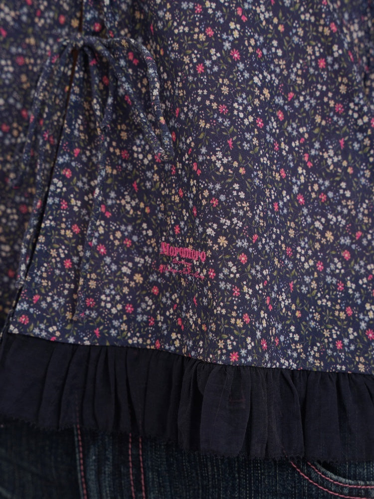 Floral Splicing Mesh Bow Hem Check Pattern Puff Sleeve Tops/Dress【s0000012715】