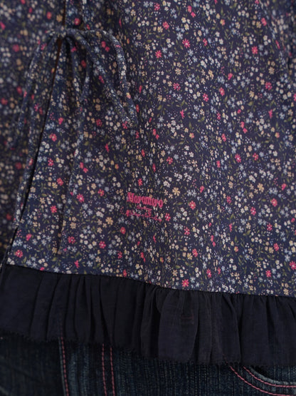 Floral Splicing Mesh Bow Hem Check Pattern Puff Sleeve Tops/Dress【s0000012715】