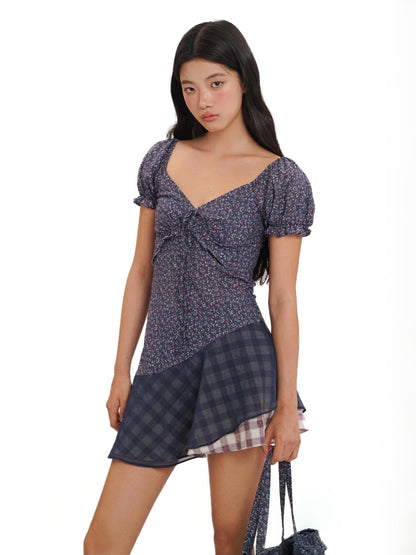 Floral Splicing Mesh Bow Hem Check Pattern Puff Sleeve Tops/Dress【s0000012715】