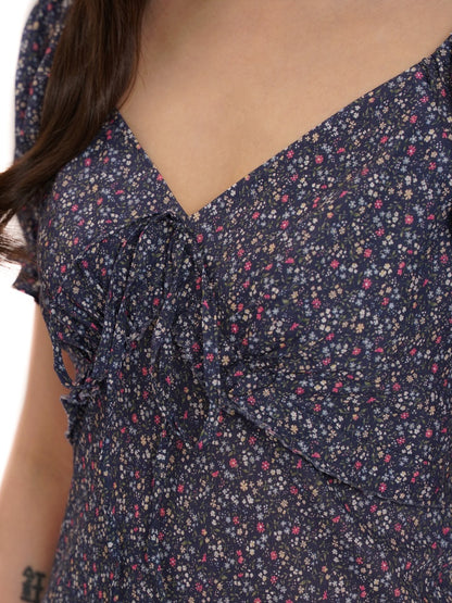 Floral Splicing Mesh Bow Hem Check Pattern Puff Sleeve Tops/Dress【s0000012715】